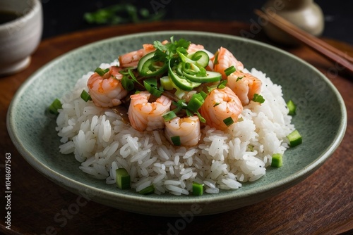 A Poki plate white rice tuna cube salmon cucumber soy sauce over rice green onion shrimp cilantro ground tuna