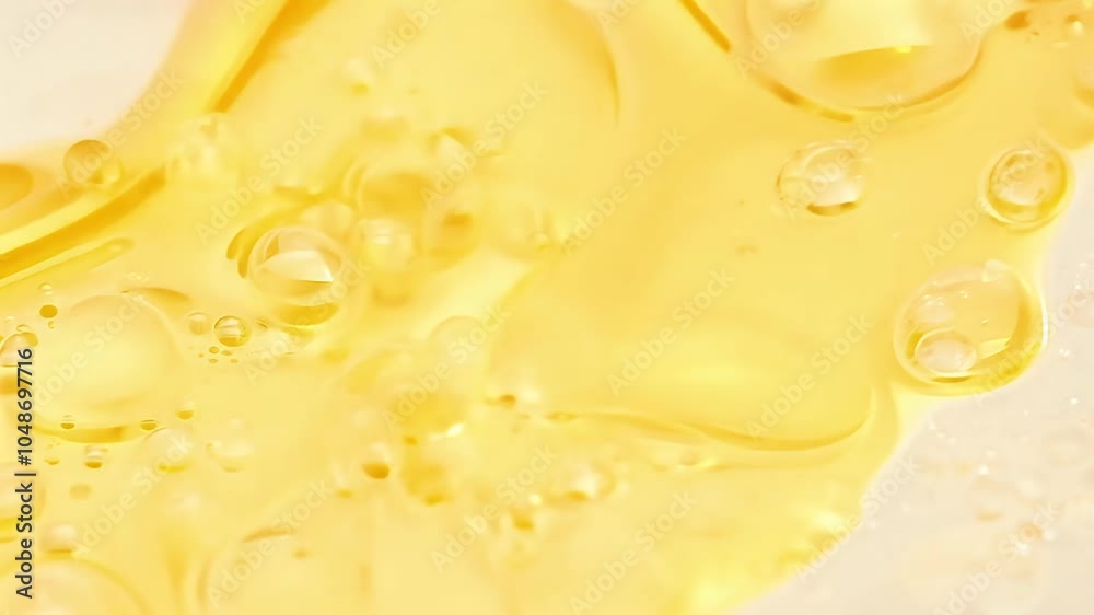 Observe macro shot yellow transparent cosmetic gel fluid molecule bubbles flowing white surface highquality 4K footage captures texture liquid cream perfect samples beauty products colours shampoo