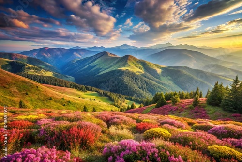 Vintage Mountain Landscape with Colorful Herbs in the Carpathians, Ukraine - Scenic Nature Photography