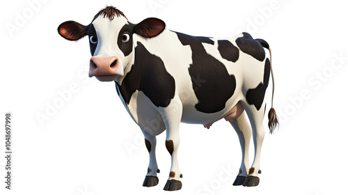 A cute cartoon cow grazing in a green meadow, surrounded by nature and bright grass, representing farm life and dairy production