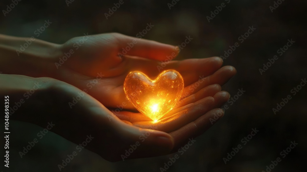 Gentle hands cradle a heart with a bright glow, with a softly blurred background for an emotionally warm image Gentle hands cradle a heart with a bright glow, with a softly blurred background for an emotionally warm image