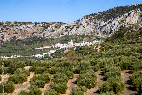 Panoramic view of Zuheros surrounded by olive trees. Cordoba, Andalusia, Spain.