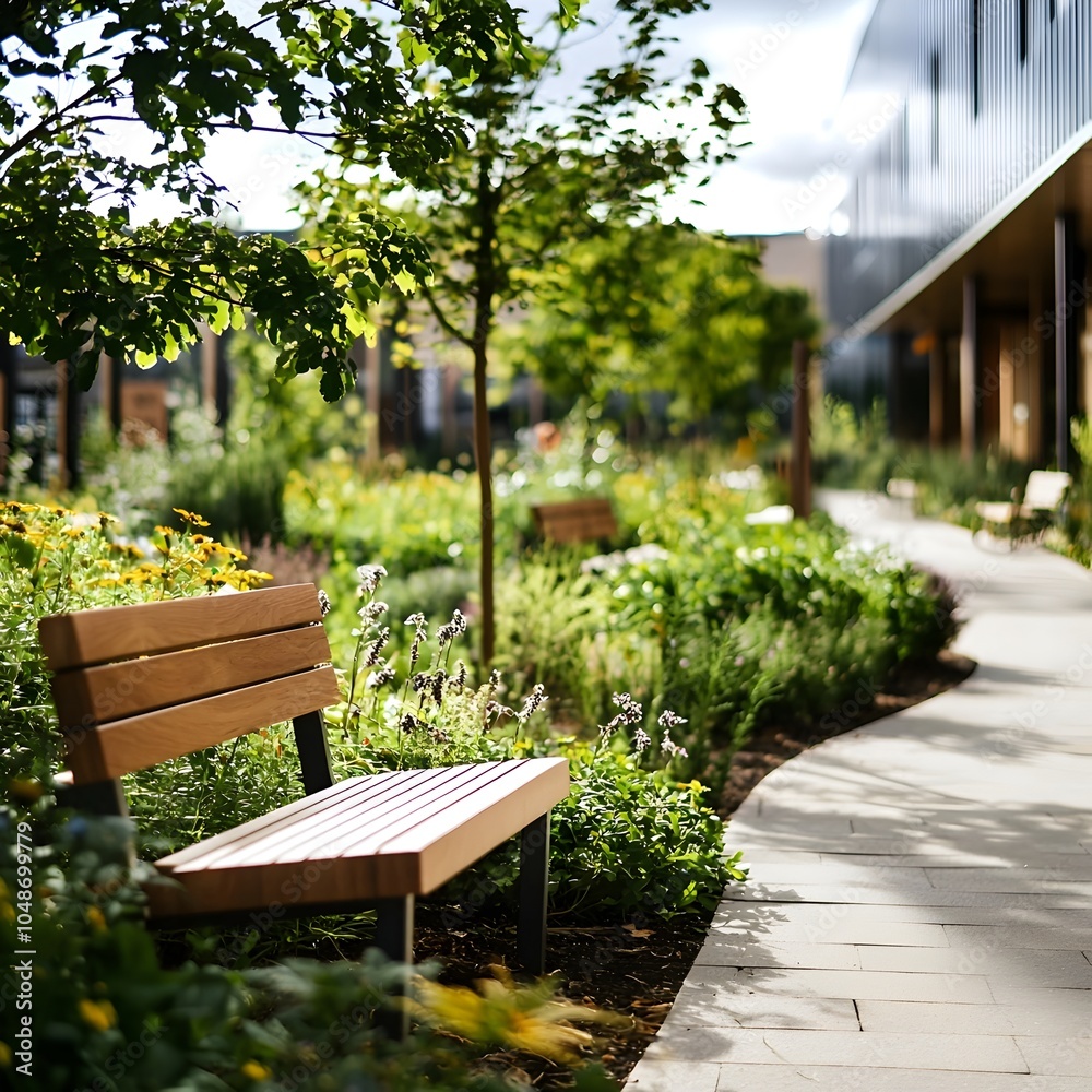 Calming Hospital Garden with Benches and Greenery for Patient Relaxation and Recovery Calming Hospital Garden with Benches and Greenery for Patient Relaxation and Recovery