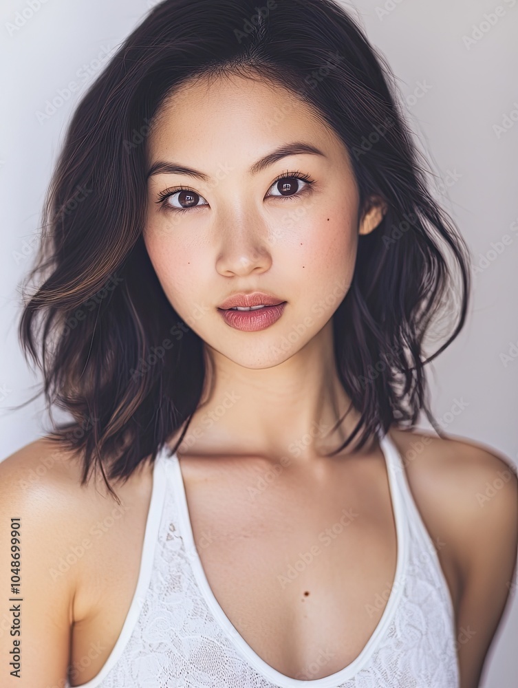an Asian girl with medium-length hair, showcasing her white halter top and soft makeup on her face. an Asian girl with medium-length hair, showcasing her white halter top and soft makeup on her face.