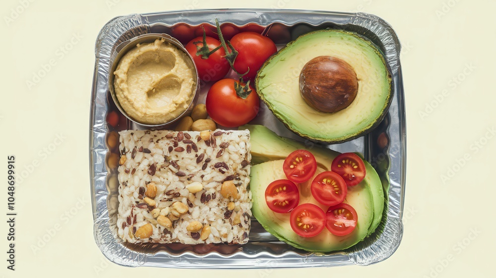 Metal Tray with Hummus, Quinoa, Avocado, and Fresh Vegetables Metal Tray with Hummus, Quinoa, Avocado, and Fresh Vegetables