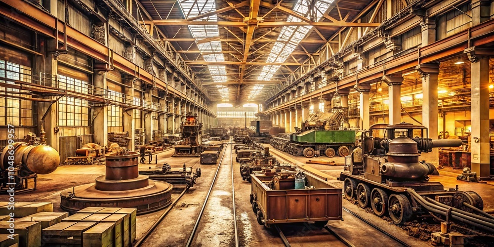Obraz premium Vintage Style Photography of Tank Manufacturing Plant Interior with Machinery and Assembly Line