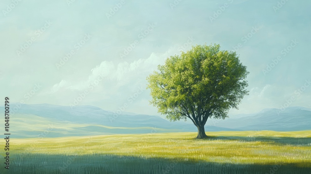 Obraz premium Majestic green tree stands alone in an expansive field, bathed in soft sunlight, symbolizing solitude.