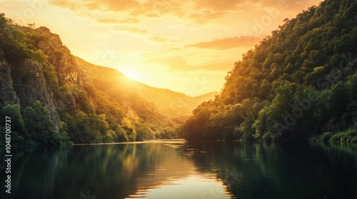 Lush mountains surrounding a calm river, set in the golden hues of sunset, evoking peaceful beauty.