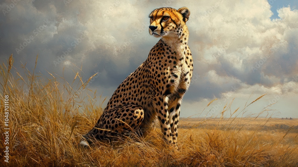 Radio collared male cheetah sitting in the open Radio collared male cheetah sitting in the open