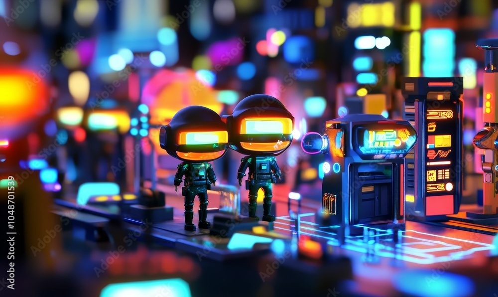 Two robots stand in a neon-lit city. Two robots stand in a neon-lit city.