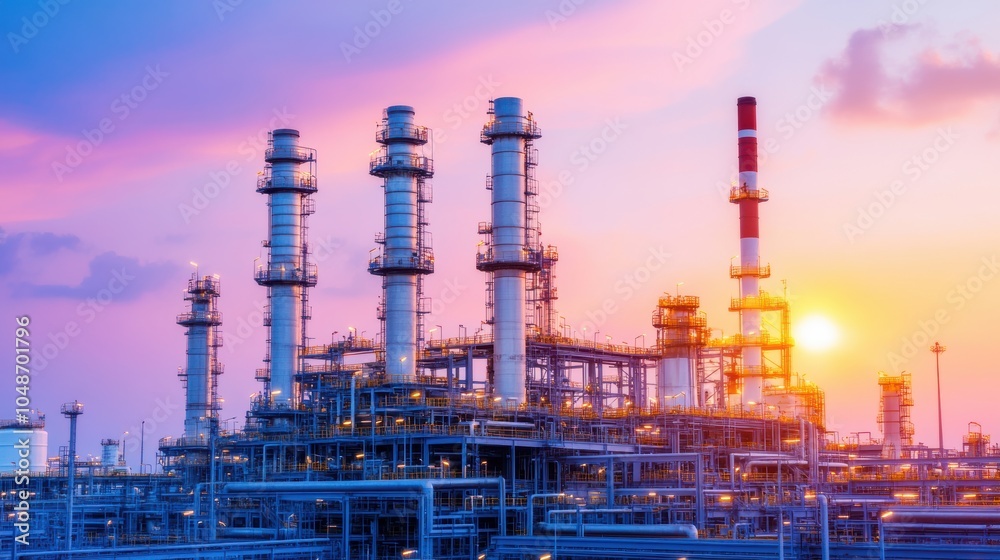 Fototapeta premium A vibrant sunset illuminates an industrial facility with tall smokestacks, showcasing a complex network of pipes and structures in an oil refinery setting.