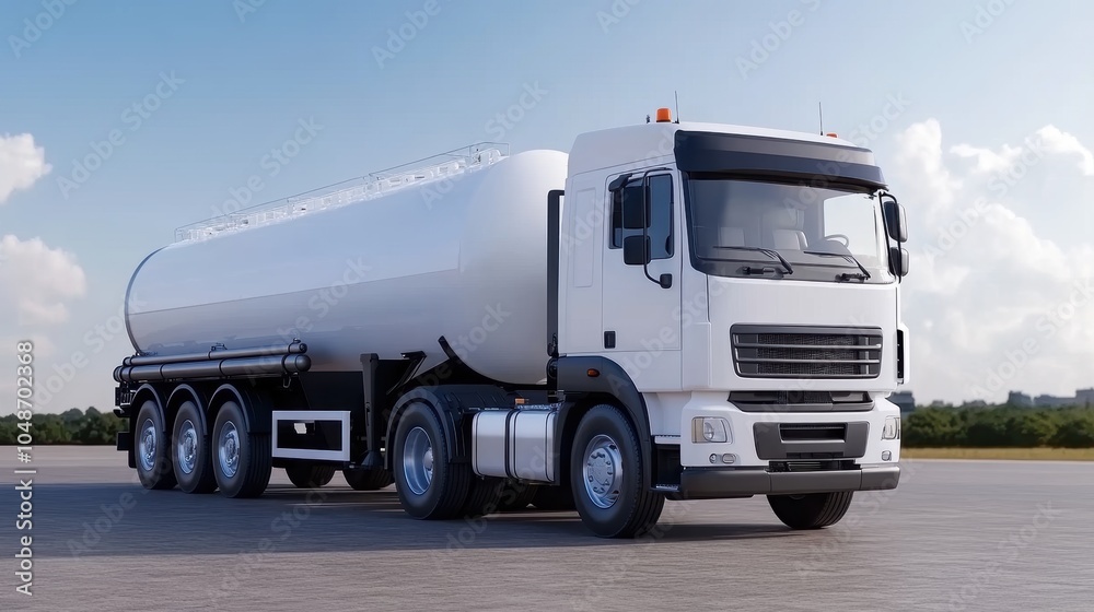 A large, white tanker truck is parked on a flat surface, showcasing its cylindrical tank and sturdy wheels under a bright sky. A large, white tanker truck is parked on a flat surface, showcasing its cylindrical tank and sturdy wheels under a bright sky.
