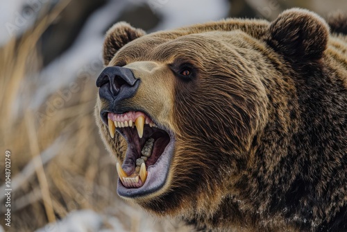 Close-up of a grizzly bear s teeth, jaws clenched in anger, fur bristling, intense, aggressive focus in its eyes photo