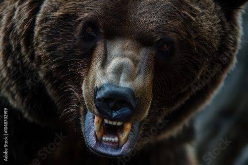 Close-up of a grizzly bear s teeth, jaws clenched in anger, fur bristling, intense, aggressive focus in its eyes photo