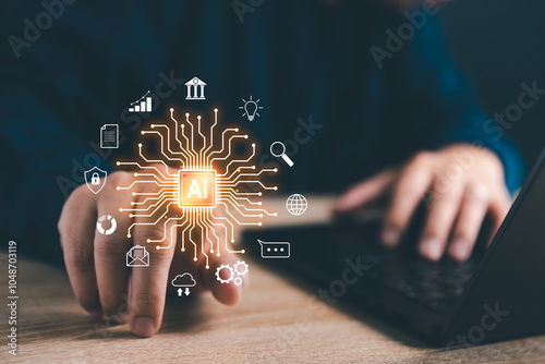 Concept of artificial intelligence (AI) and futuristic digital technology for business. Man using application to generative AI contents, story, images. Chat with smart robot