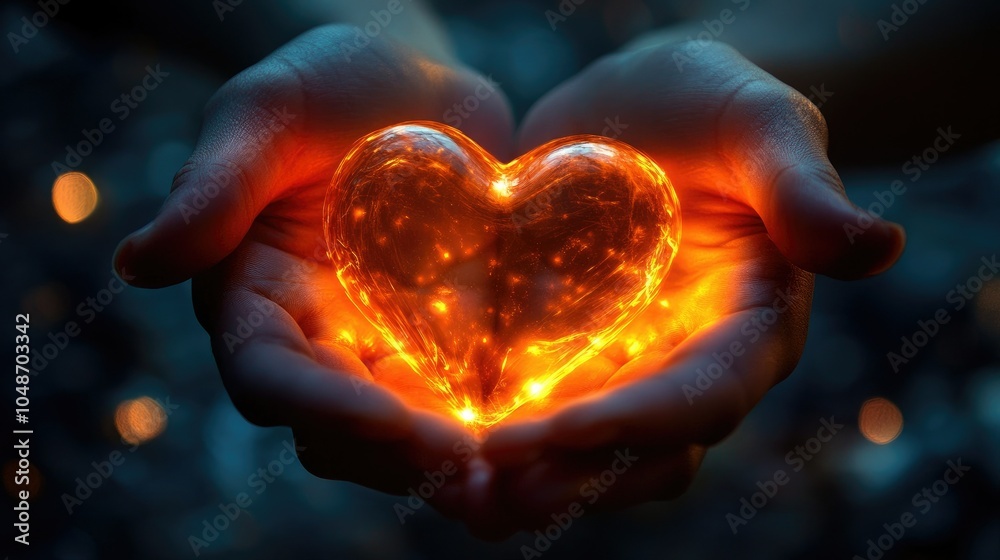 Softly lit hands hold a glowing heart symbol, set against a beautifully blurred background, conveying compassion Softly lit hands hold a glowing heart symbol, set against a beautifully blurred background, conveying compassion