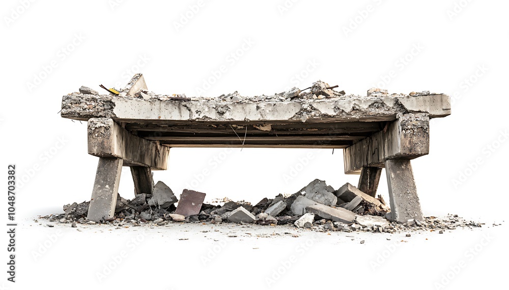A concrete structure with debris, suggesting demolition or abandonment. A concrete structure with debris, suggesting demolition or abandonment.