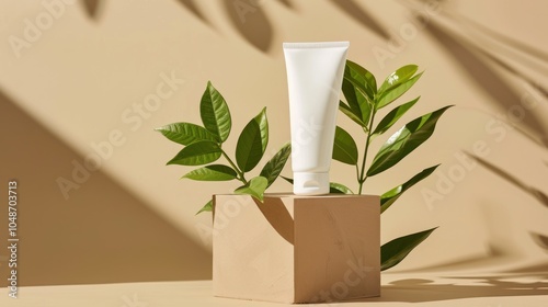 White Tube of Cream on a Beige Platform Surrounded by Green Leaves