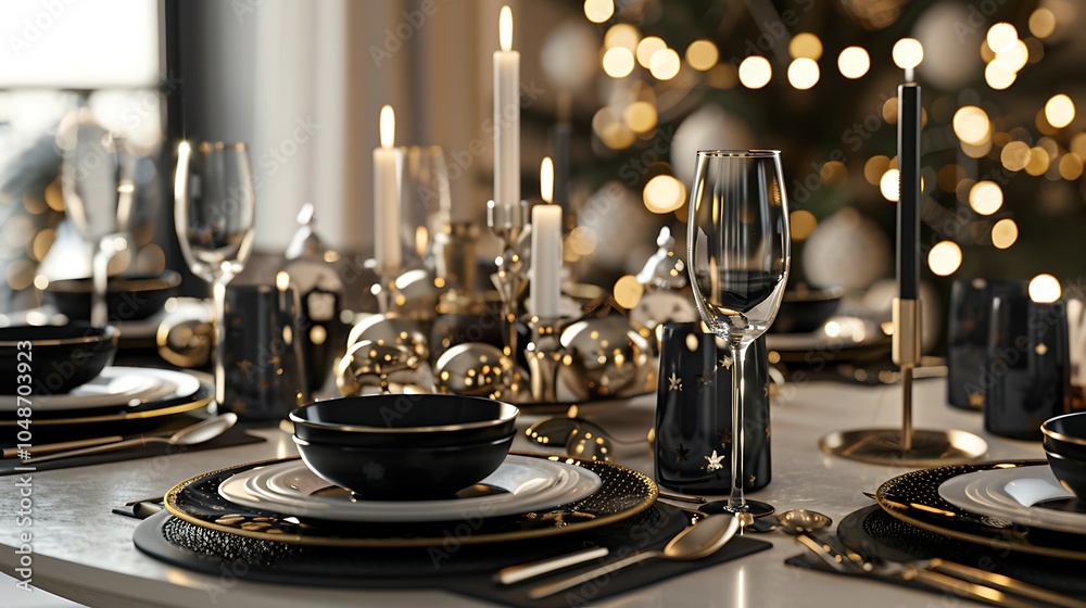 A table set with elegant Christmas decoration dinnerware, complete with candles and a centerpiece of holly leaves. A table set with elegant Christmas decoration dinnerware, complete with candles and a centerpiece of holly leaves.