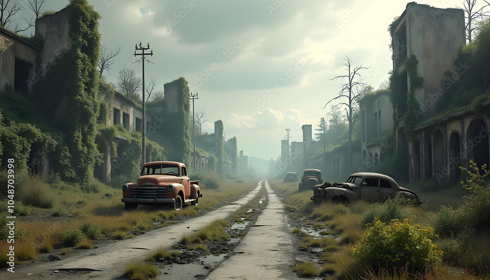 Abandoned Town with Overgrown Buildings and Rusting Vehicles