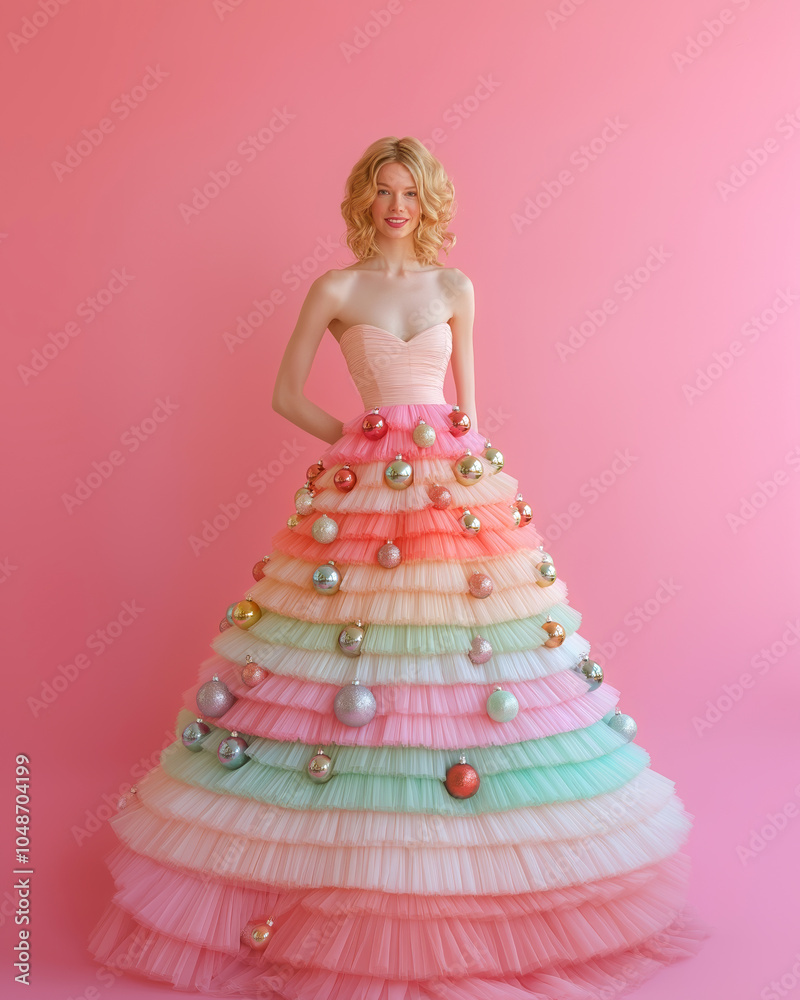 Fototapeta premium A portrait of an irresistible and confident girl wearing a dress made of Christmas baubles, standing in front of a solid background, with vibrant and cheerful colors in the spirit of New Year's