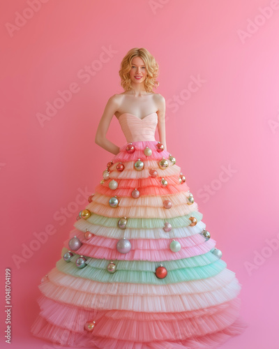 A portrait of an irresistible and confident girl wearing a dress made of Christmas baubles, standing in front of a solid background, with vibrant and cheerful colors in the spirit of New Year's