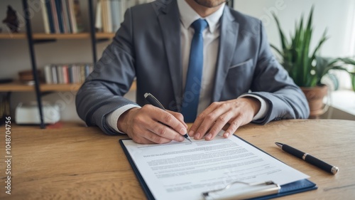 A professional man in a suit is signing a document on a wooden desk, surrounded by books and a plant, conveying a sense of business and importance.