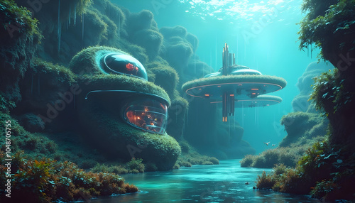 Futuristic Underwater Habitat with Suspended Structures