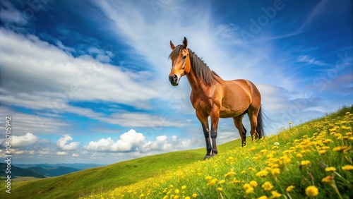 Horse standing next to yellow flower on grassy hill, captured with Wide-Angle lens