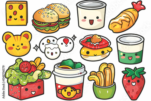 Cute cartoon food icons with smiley faces, including pizza, burger, fries, ice cream, sushi, and strawberry. photo