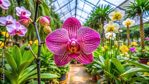 Large and showy orchid flower in a lush garden setting surrounded by other plants and trees, nature, foliage, flowers