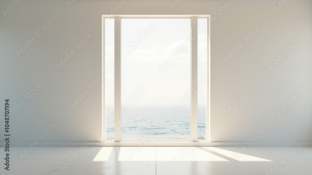 A minimalist room with a large window and a view of the sea. A minimalist room with a large window and a view of the sea.