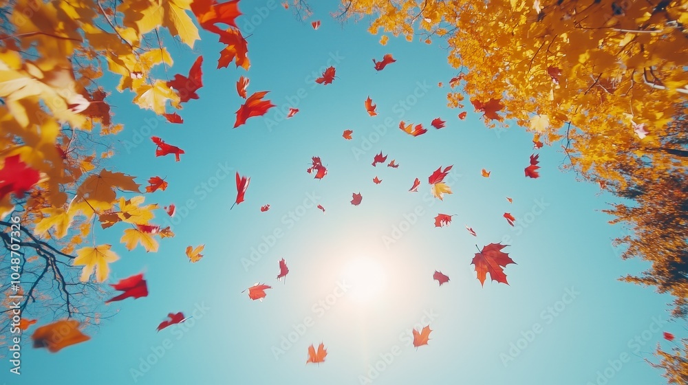 Ultra wide-angle shot from below. Autumn Park. Yellow and red leaves are falling from above. Ultra wide-angle shot from below. Autumn Park. Yellow and red leaves are falling from above.