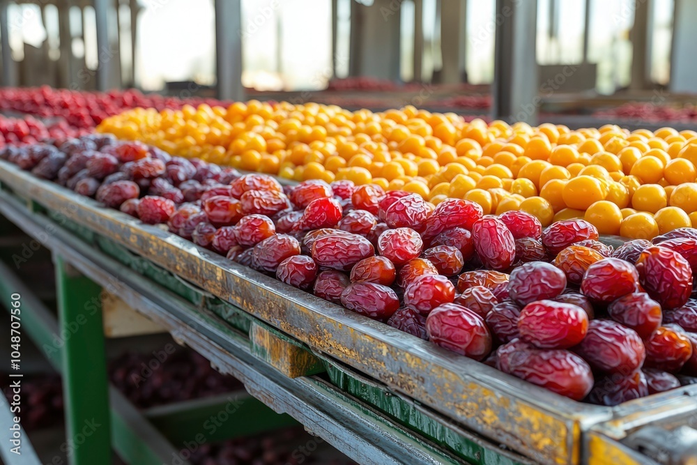 Close-up of Dates and Other Fruits on a Metal Conveyor Belt