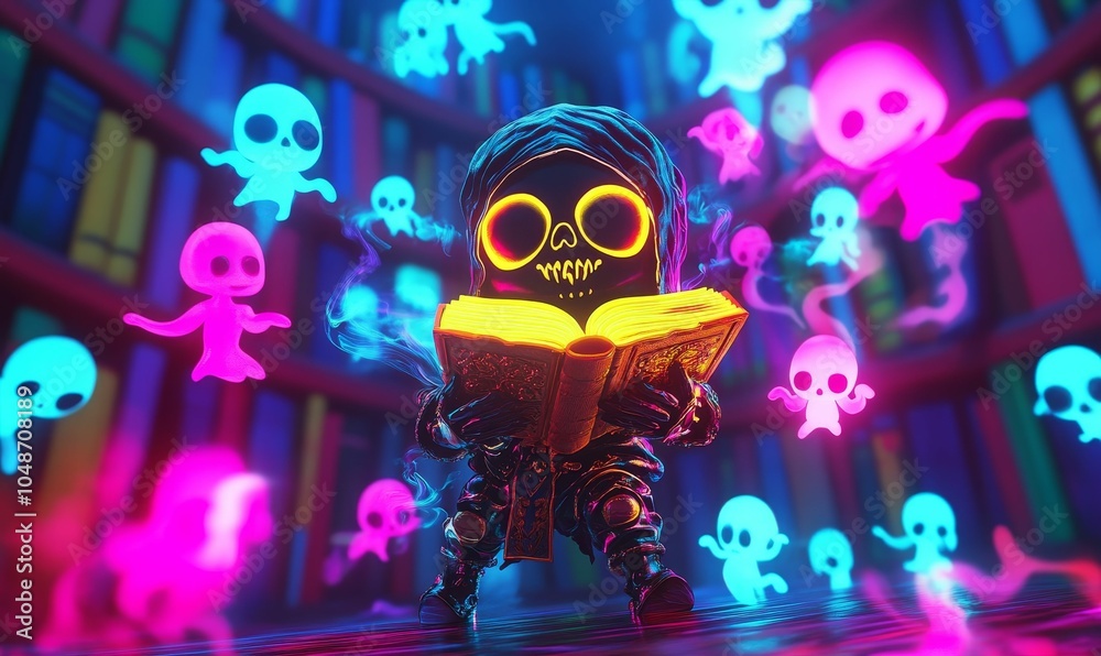Skeleton figure reading a book with ghosts. Skeleton figure reading a book with ghosts.