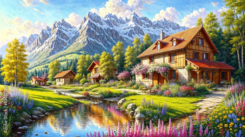 Idyllic countryside summer landscape with wooden old houses, beautiful flowers and trees with the Alp mountains in the background, oil painting on canvas photo