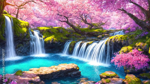 A beautiful paradise land full of flowers, sakura trees, rivers and waterfalls, a blooming and magical idyllic Eden garden