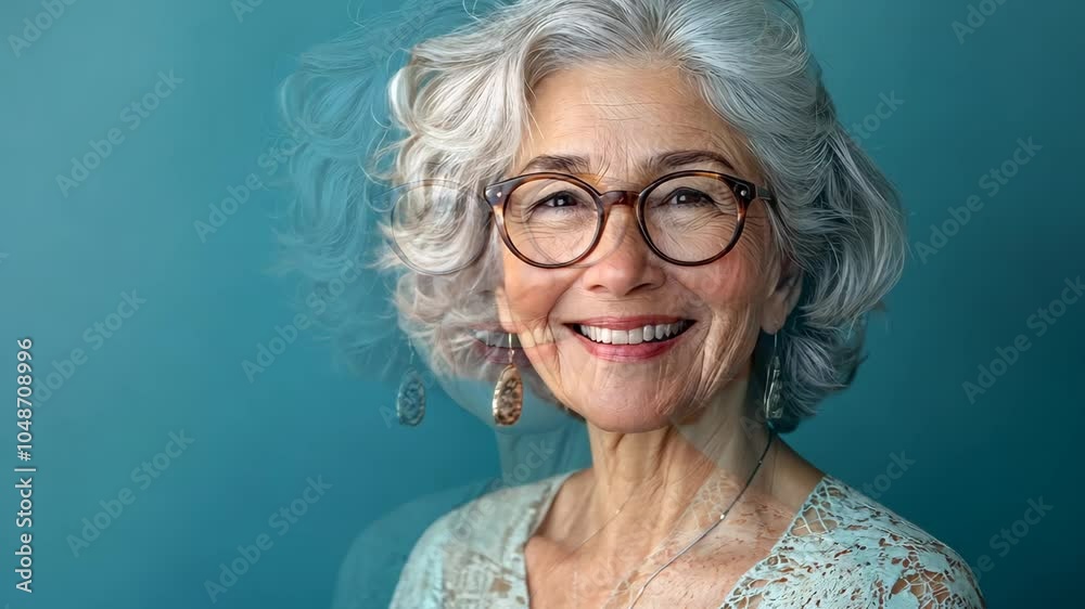 A woman with gray hair and glasses smiles warmly in front of a teal background A woman with gray hair and glasses smiles warmly in front of a teal background