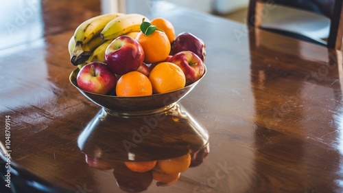 Morning Light Reflection on Polished Wooden Table with Fruit Bowl photo