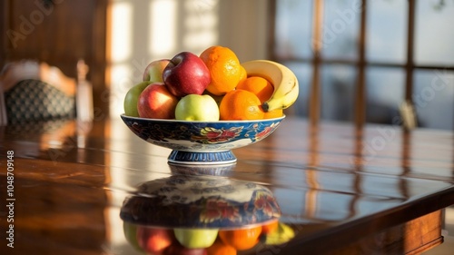 Morning Light Reflection on Polished Wooden Table with Fruit Bowl photo