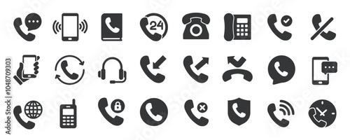 Telephone glyph solid icons collection. Containing calling, communication, call reject, chat, contact . Minimal icon and symbol series vector illustration