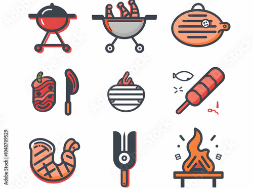 A set of nine colorful icons representing various BBQ elements. photo