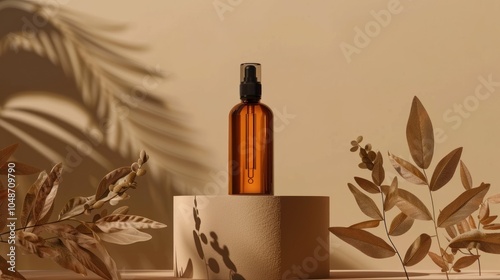 Amber Glass Bottle with Dropper on Beige Cylinder Platform Surrounded by Dried Leaves