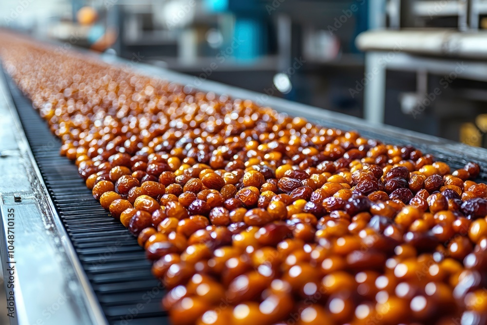 Fototapeta premium Dates Moving on a Conveyor Belt in a Food Processing Facility
