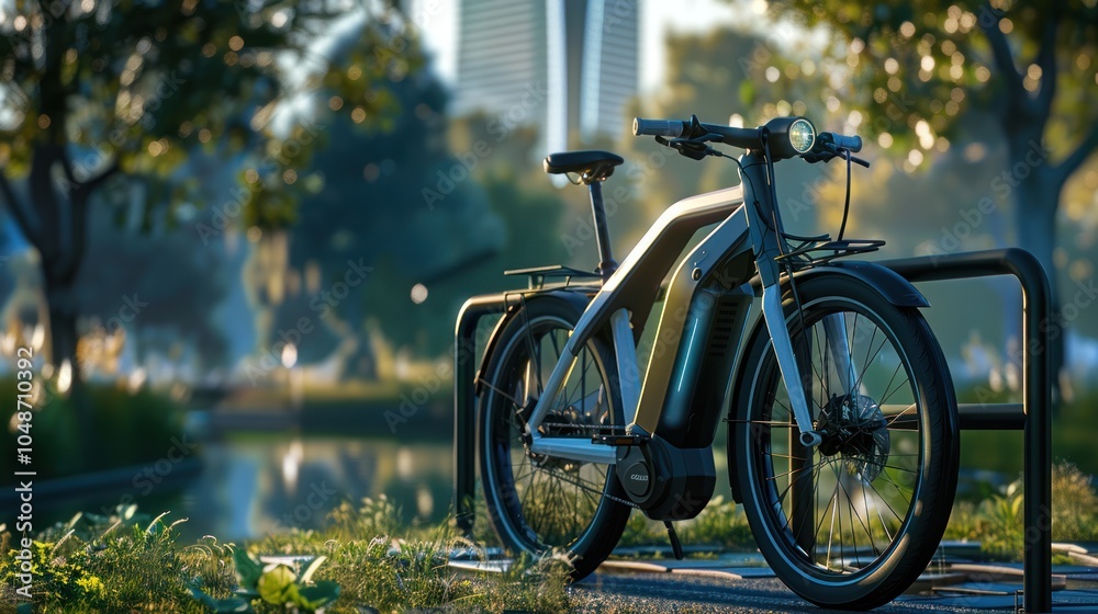 Fototapeta premium Modern Electric Bicycle Parked in a City Park
