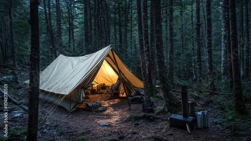 Glowing Vintage Tent Amidst a Pine Forest: Starry Night and Outdoor Gear in Perfect Harmony. Professional Outdoor Photography Showcase.