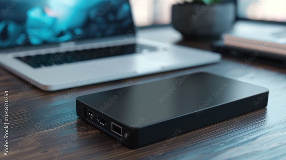 Black External Hard Drive on Wooden Desk with Laptop in Background