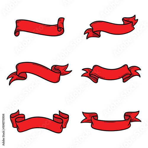 Hand drawn cartoon set of red ribbon banners on white background.