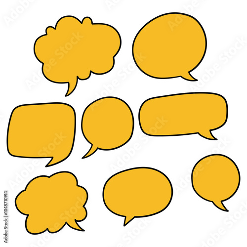 Hand drawn cartoon set of yellow speech bubbles on a white background.