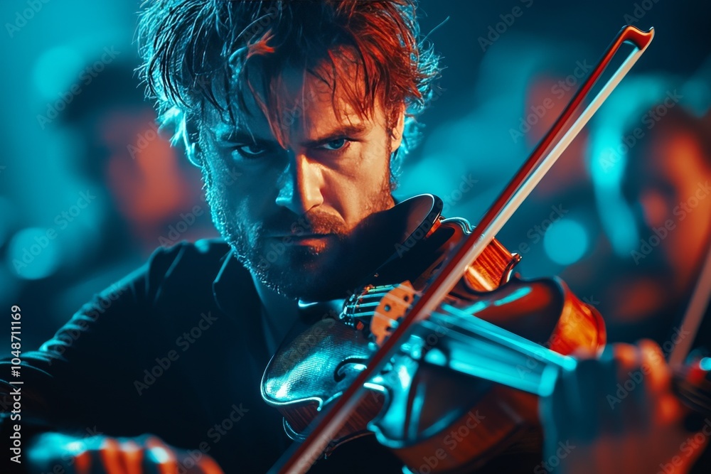 Fototapeta premium Close-up of a violinist performing on stage at the Verbier Classical Music Festival, sharp focus on the musician with warm lighting and blurred orchestra background